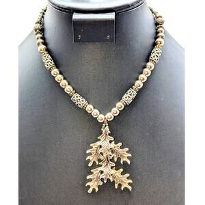 Vintage Silver Tone Bali Bead Layered Leaf Pendant Necklace W/ Hook Clasp
